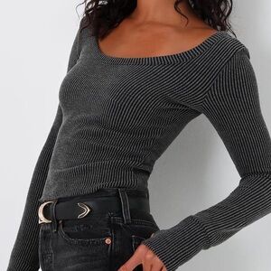 Lulus Ribbed Charcoal Long Sleeve Top